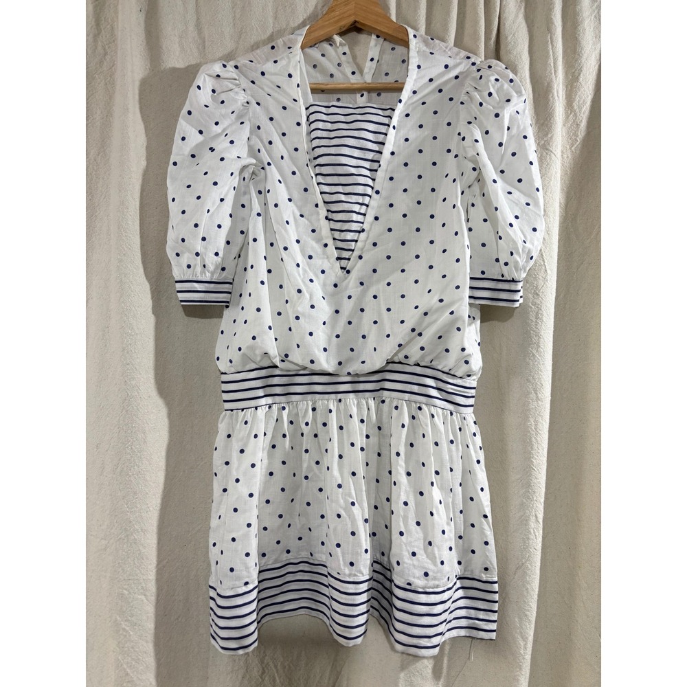 Vintage 80s Fashionland Nautical Dress Polka Dot Stripe Drop Waist Girls 11-12